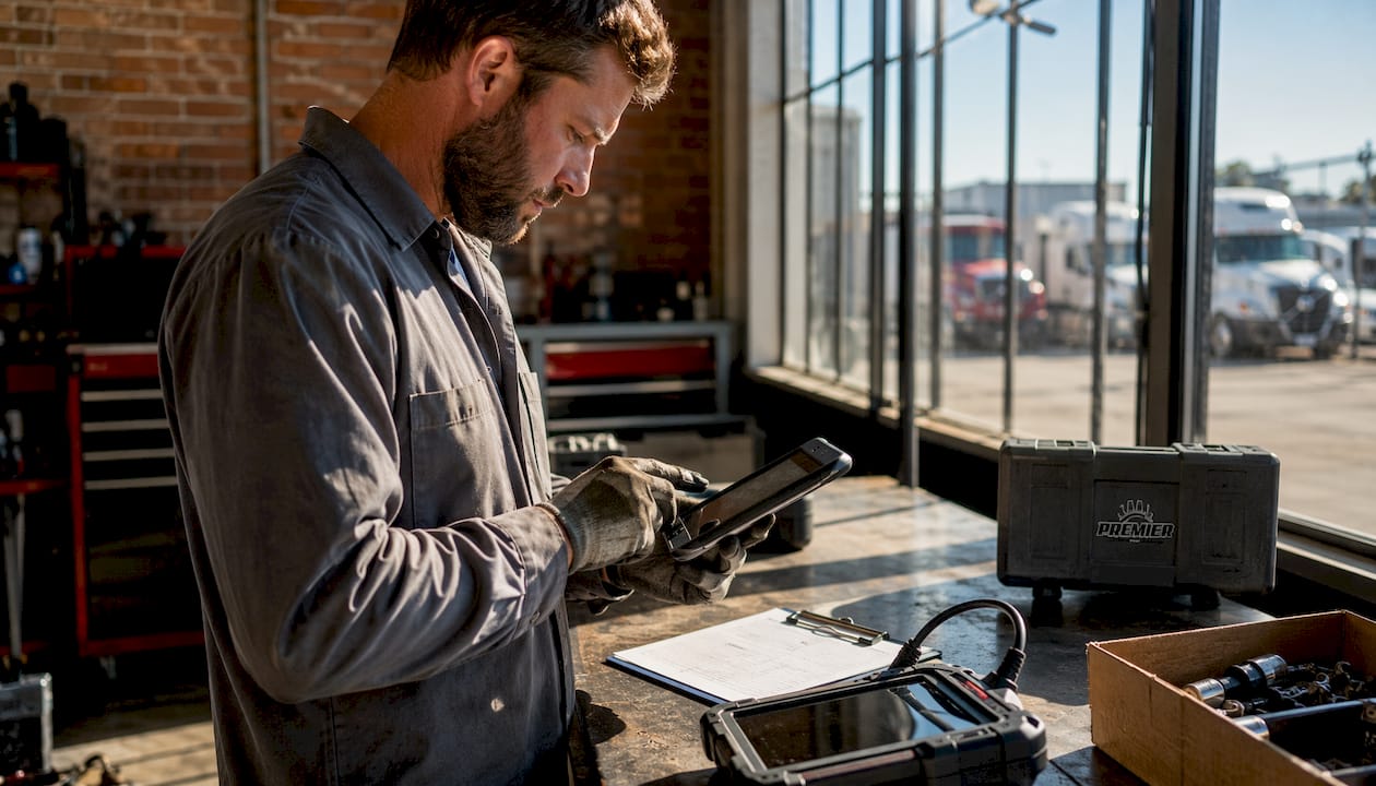 Mechanic typing telematics data on keyboard