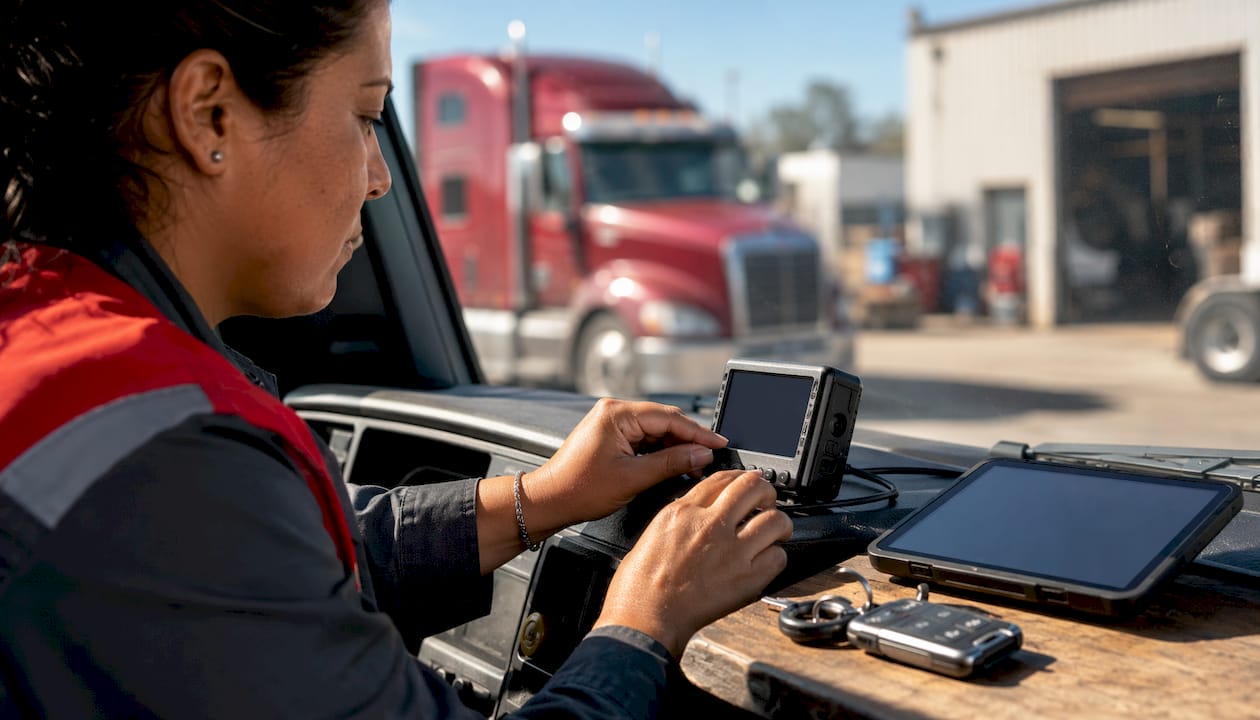 Close-up hands adjusting GPS device in fleet truck
