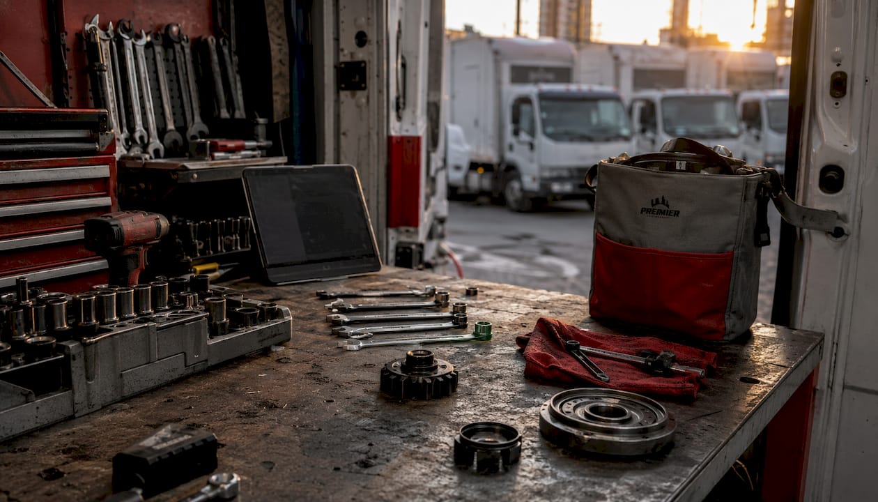 Mobile repair tools on workbench in van