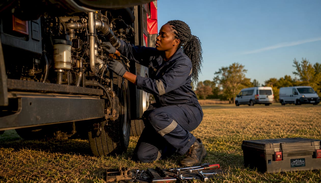 Mechanic repairing truck engine outdoors