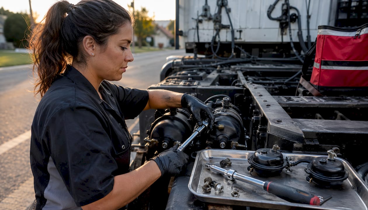 Hands replacing brake chamber on truck roadside