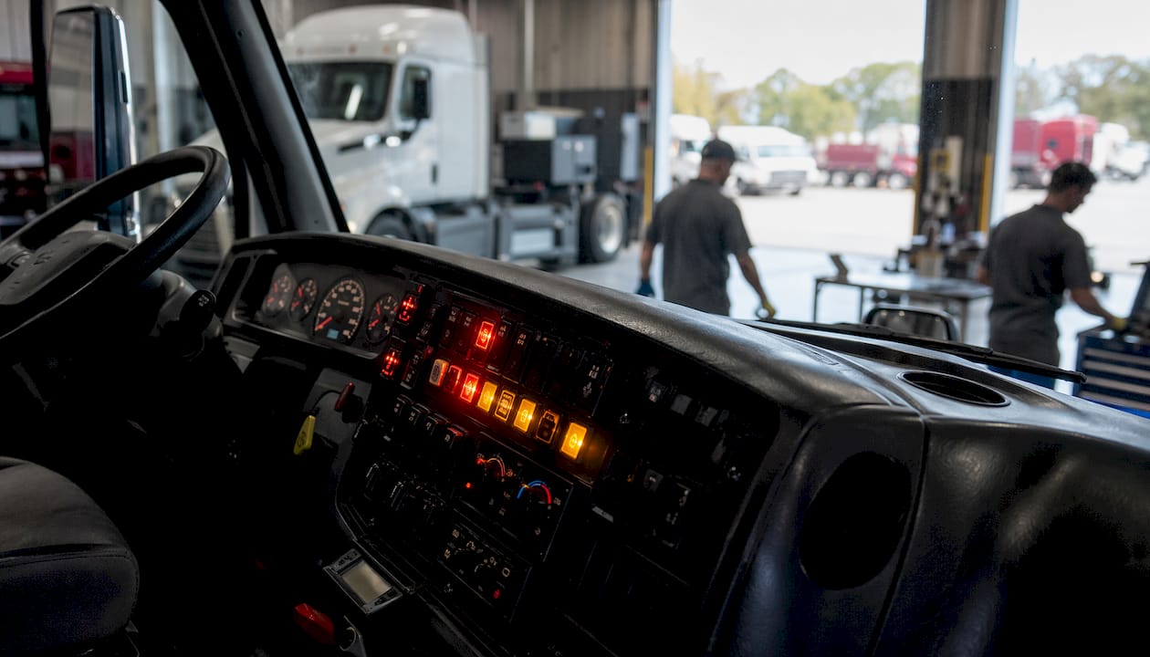 Truck dashboard warning lights and fluid leak