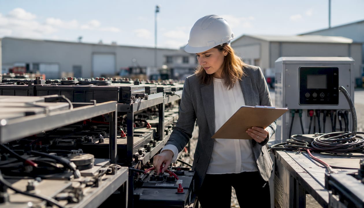 Fleet manager inspecting smart battery charger
