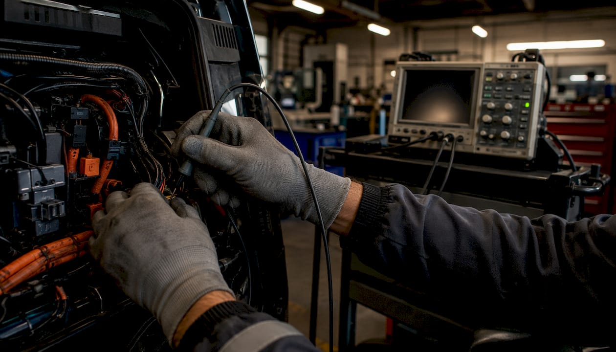 Hands holding diagnostic probes on electric vehicle wiring