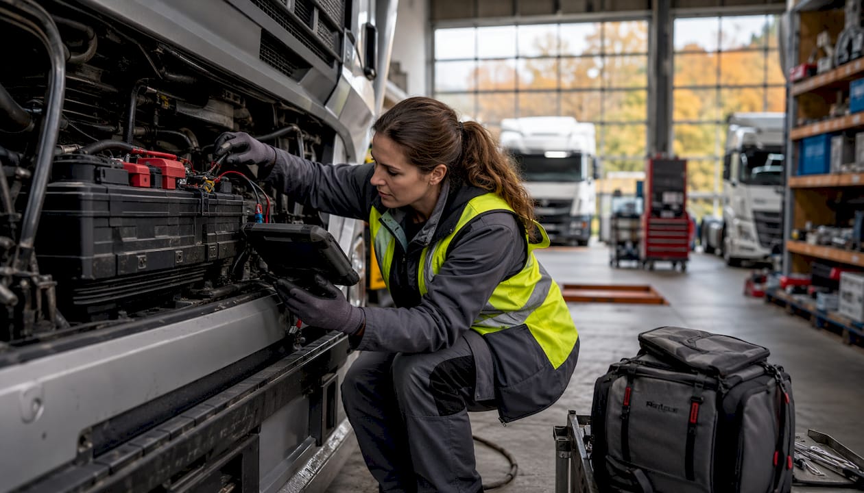 Female technician inspecting vehicle battery connections