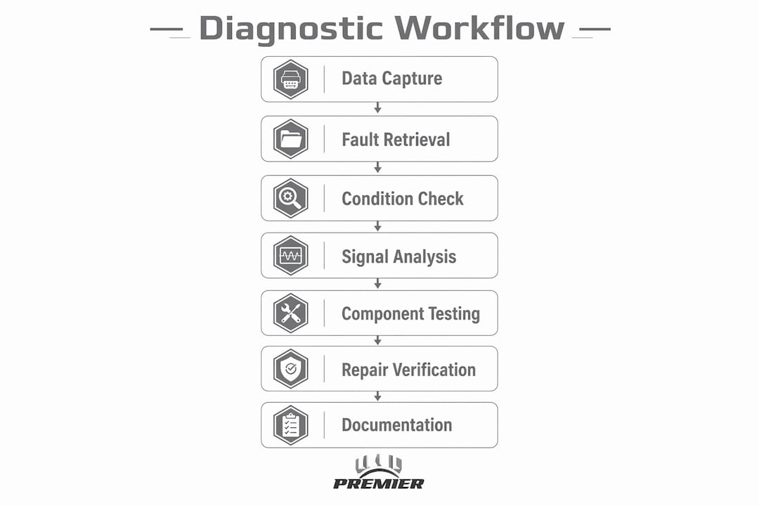 Infographic showing 7-step electrical diagnostic workflow
