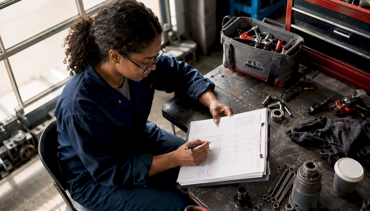 Technician completing fleet service checklist