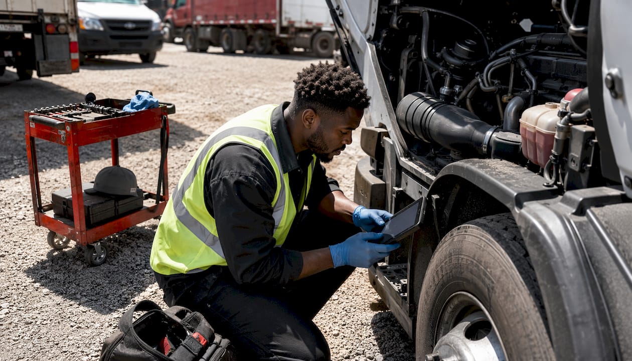 Mobile fleet mechanic inspecting truck engine
