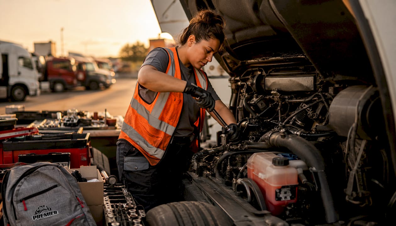 Mechanic inspecting truck engine outdoors