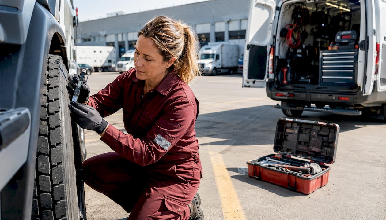 Mobile technician inspecting truck tire outdoors