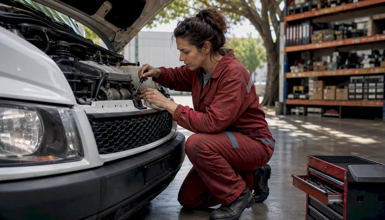 Technician repairing truck engine in independent shop