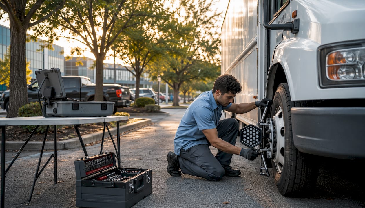 Mobile fleet mechanic performing onsite truck repair