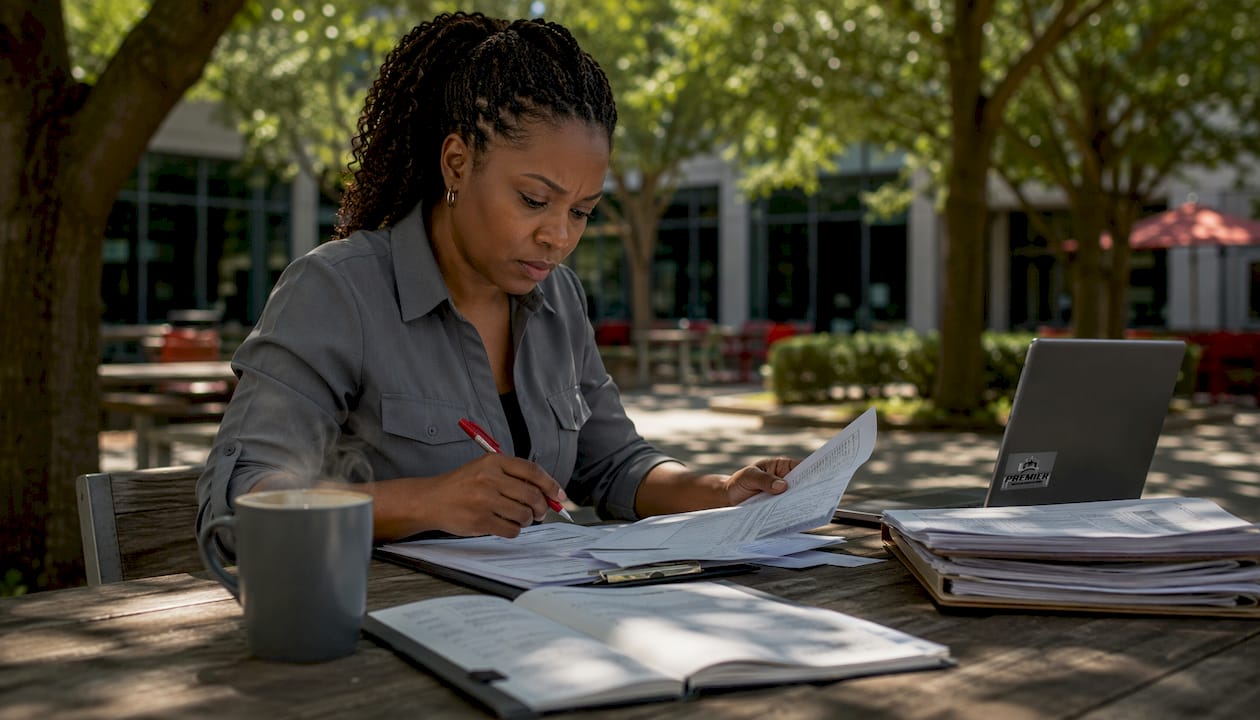 Fleet manager analyzing repair invoices at desk