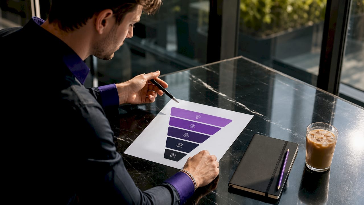 Hands pointing at 5-stage content funnel diagram