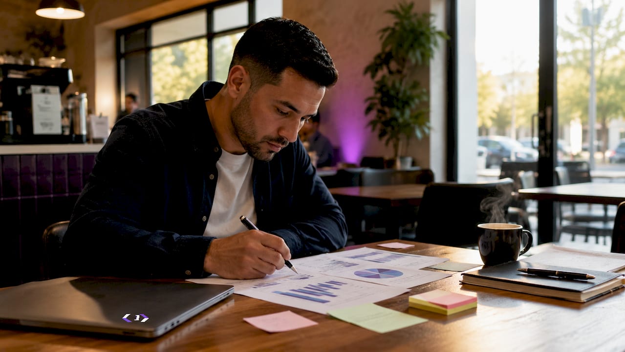 Man reviewing campaign KPIs on printed charts