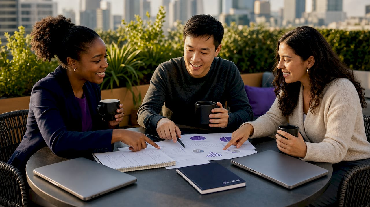 Team discussing marketing data charts in conference room