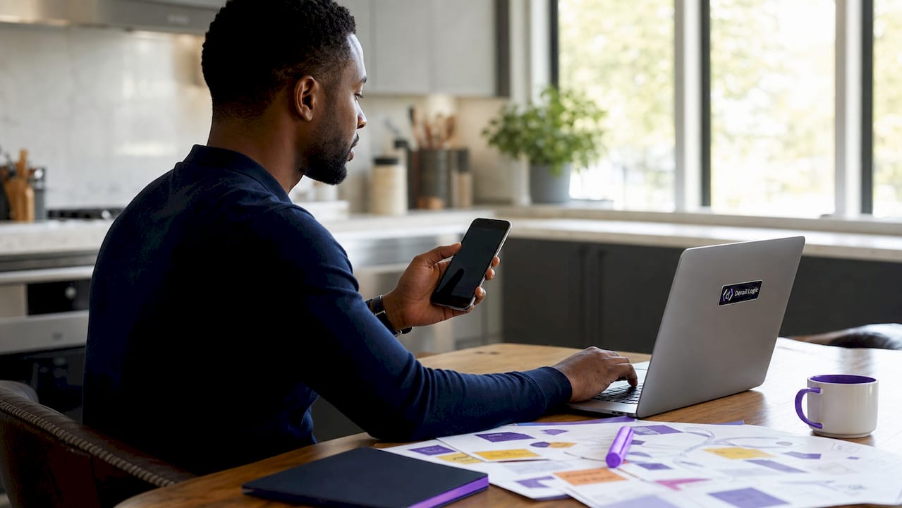 Hands typing and analyzing marketing data on laptop