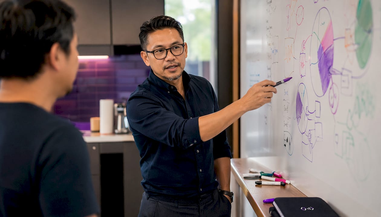 Man pointing at segmentation charts on touchscreen