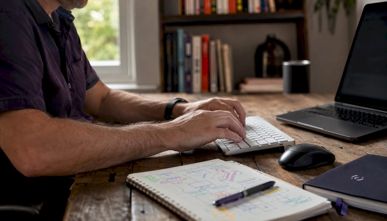 Hands typing on keyboard using campaign software