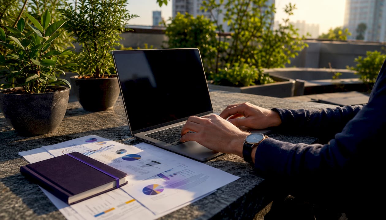 Hands typing SEO content with AI tools