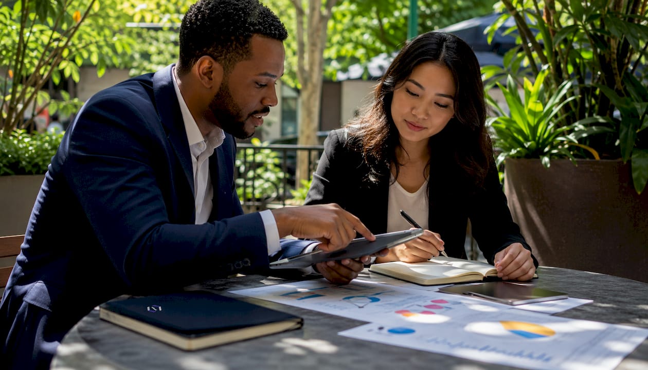 Two marketers discussing integration benefits over documents