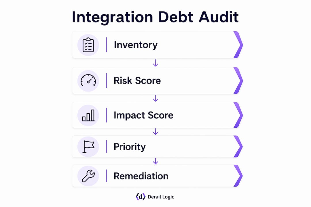 Infographic illustrating steps to audit integration debt