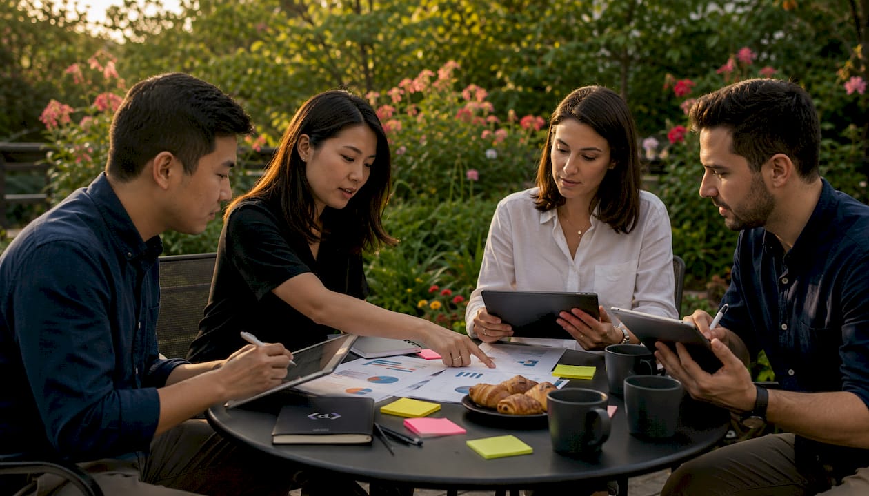 Marketing team discussing workflow metrics