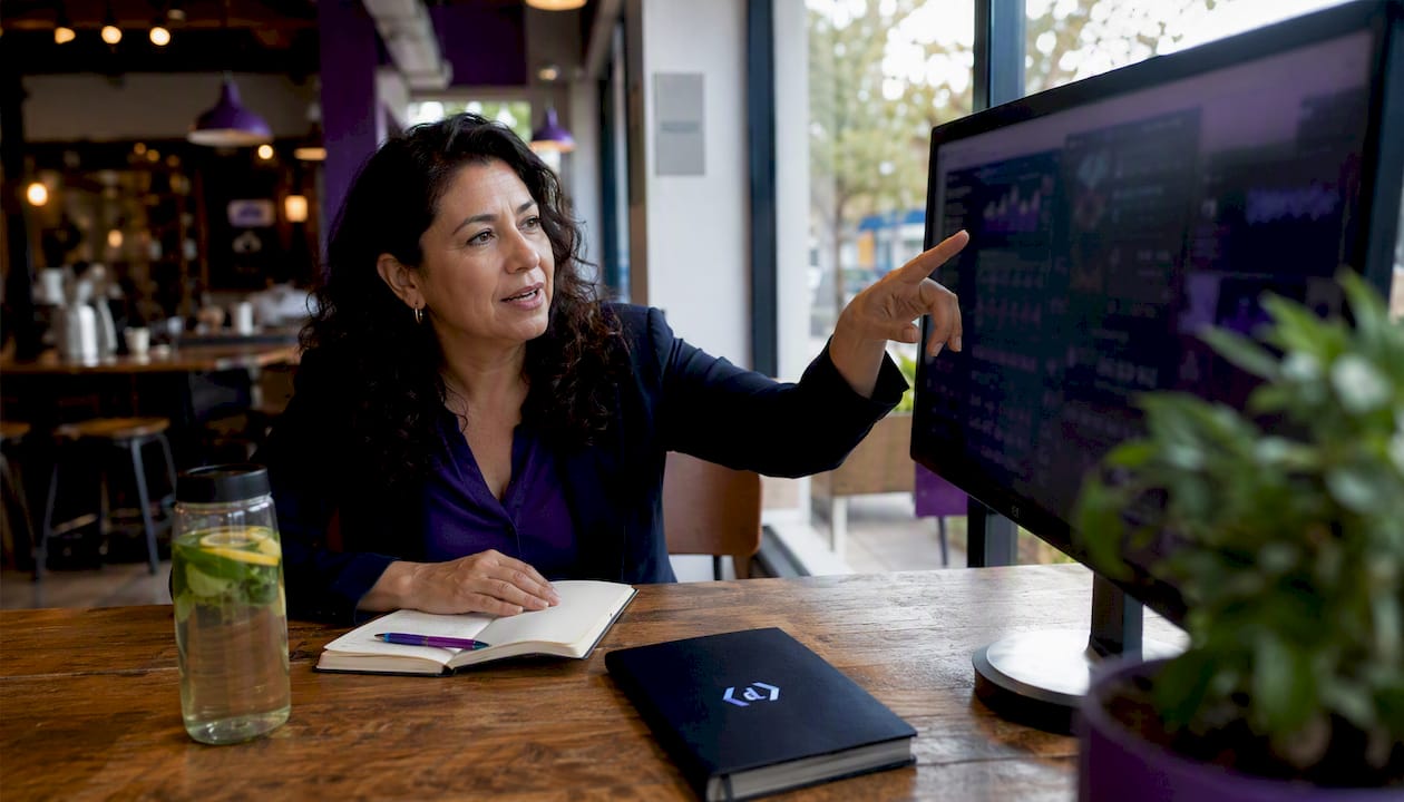 Woman reviewing CRM billing integration dashboard at home office