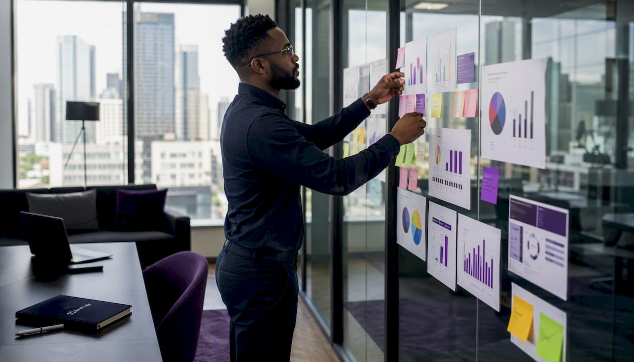 Hands arranging data reconciliation charts on glass wall