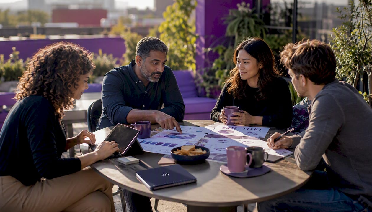 Marketing team reviewing monthly reports in meeting