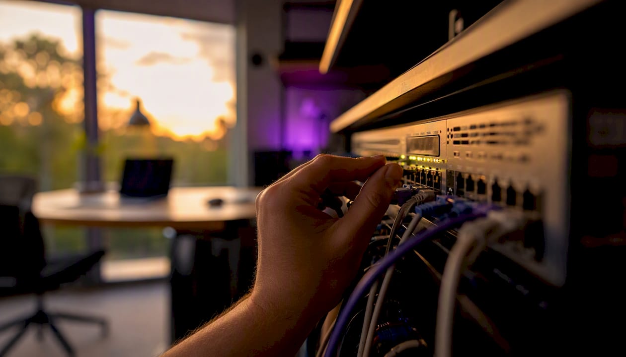 Hand adjusting cable on network switch
