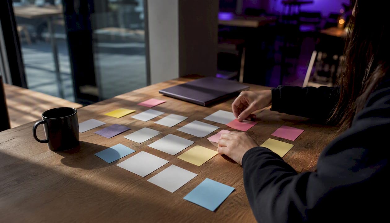 Hands arranging keyword cards for content clusters