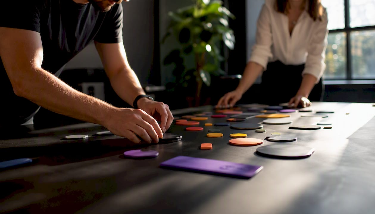 Hands placing strategy tokens on black table