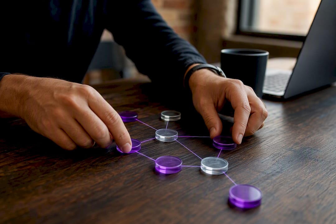 Hands linking cluster pages with tokens