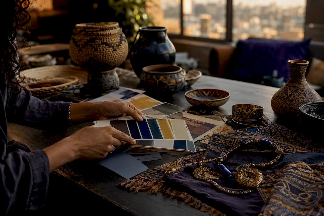 Color swatches beside diverse cultural decor