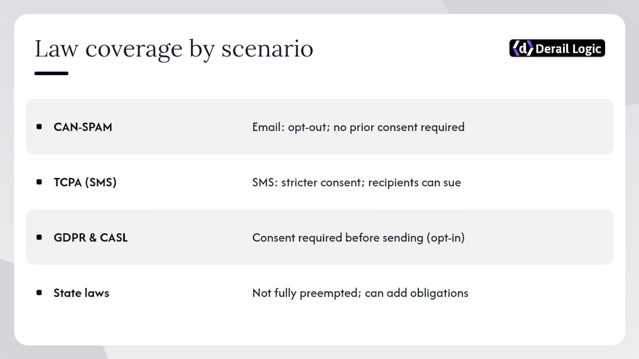 Does CAN-SPAM Cover Texts, GDPR, or State Privacy Laws? — overview diagram