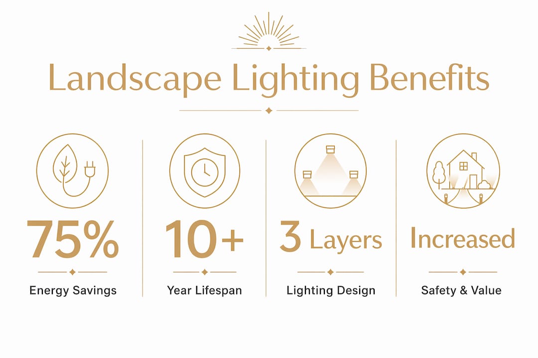 Why Professional Landscape Lighting Design Pays Off Infographic highlighting landscape lighting benefits