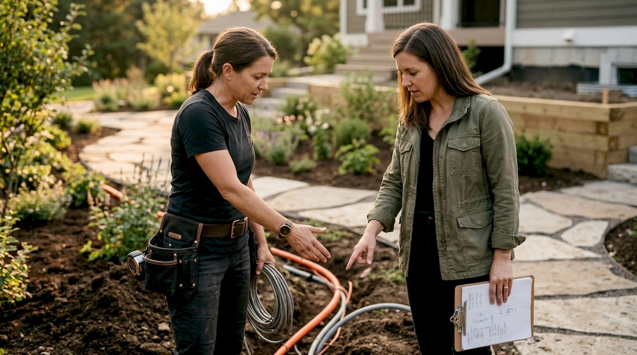 Why Professional Landscape Lighting Design Pays Off Electrician and architect planning lighting installation