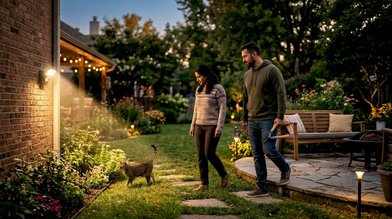What Does Smart Lighting Mean Outdoors for Homeowners? Neighbors watching smart lighting activate for security