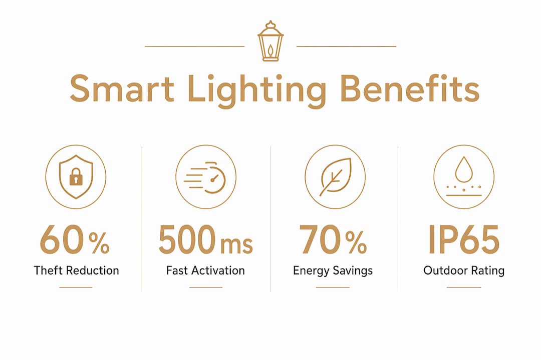 What Does Smart Lighting Mean Outdoors for Homeowners? Infographic showing key smart outdoor lighting benefits