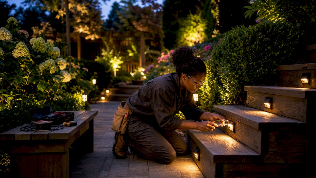 Landscape Lighting Safety Benefits for Homeowners Woman installing step light on garden path at dusk