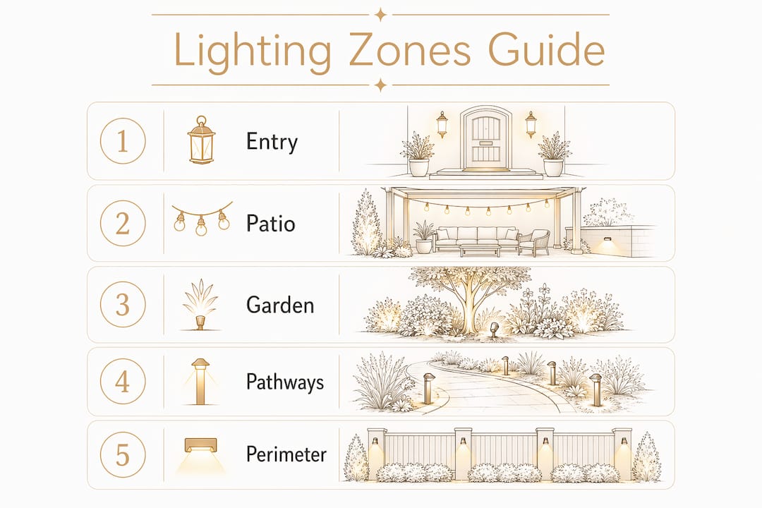 Landscape Lighting Explained: A Homeowner's 2026 Guide Infographic illustrating five landscape lighting zones