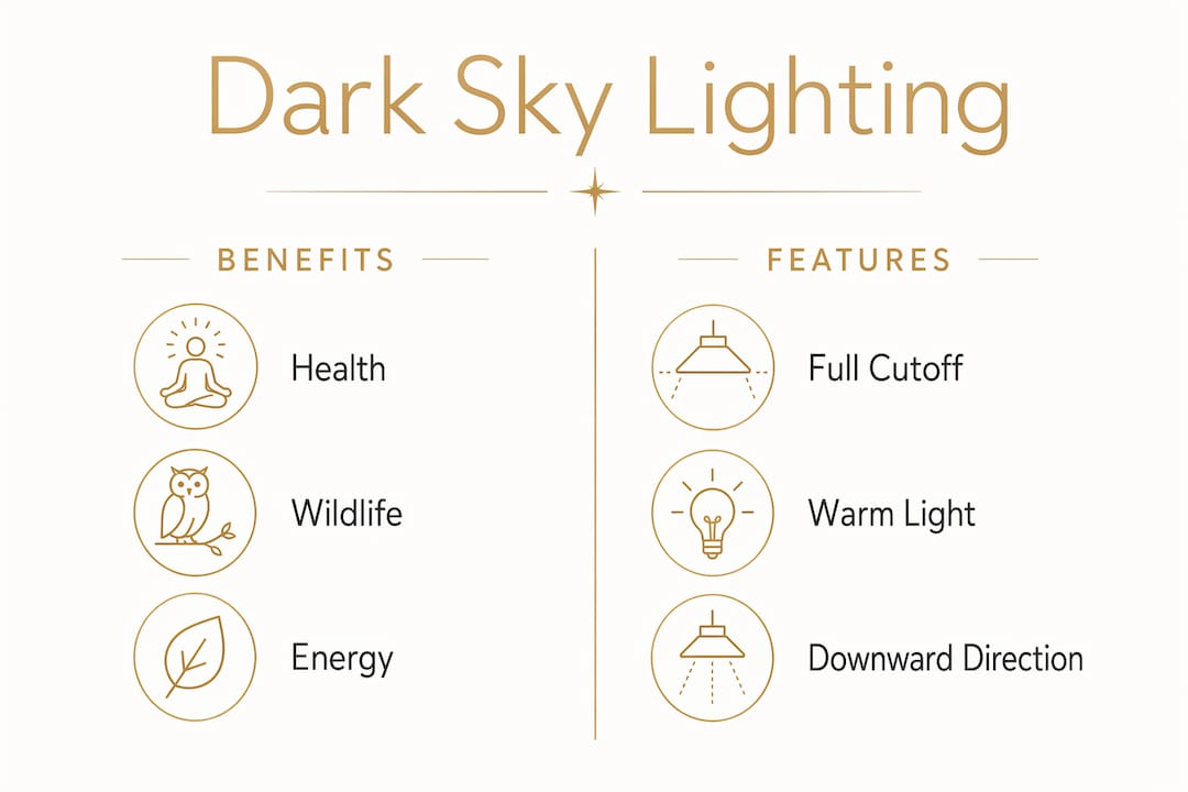 What Is Night Sky Friendly Lighting for Homeowners Infographic showing benefits and features of night sky friendly lighting