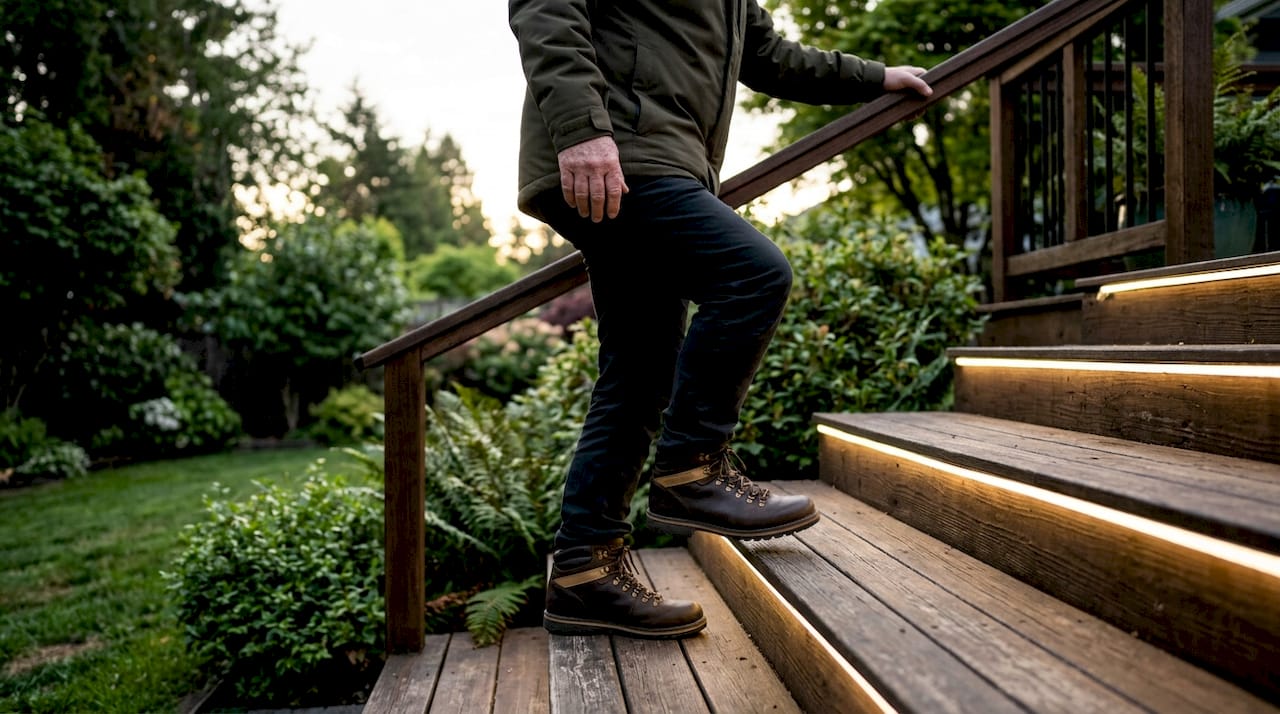 What Is Hardscape Lighting? A Homeowner's Guide Man walking up lit stone steps with hardscape lighting