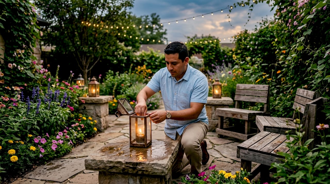 Outdoor Lighting for Entertaining Spaces: A Homeowner's Guide Hands adjusting outdoor lantern by garden seating