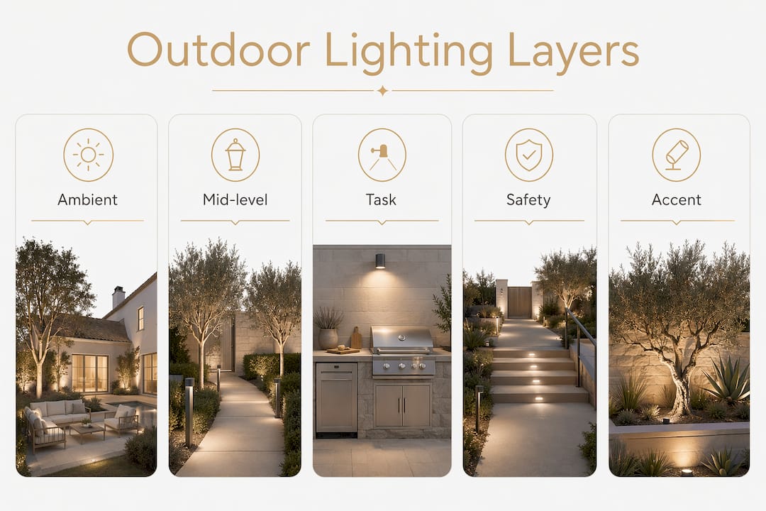 Outdoor Lighting for Entertaining Spaces: A Homeowner's Guide Infographic illustrating layers of outdoor lighting