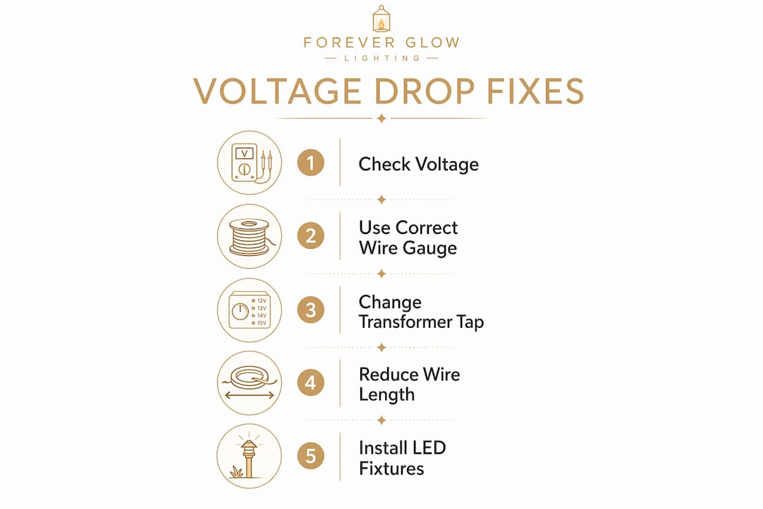 Landscape Lighting Upgrade for Your Existing System Infographic showing steps to fix voltage drop in landscape lighting