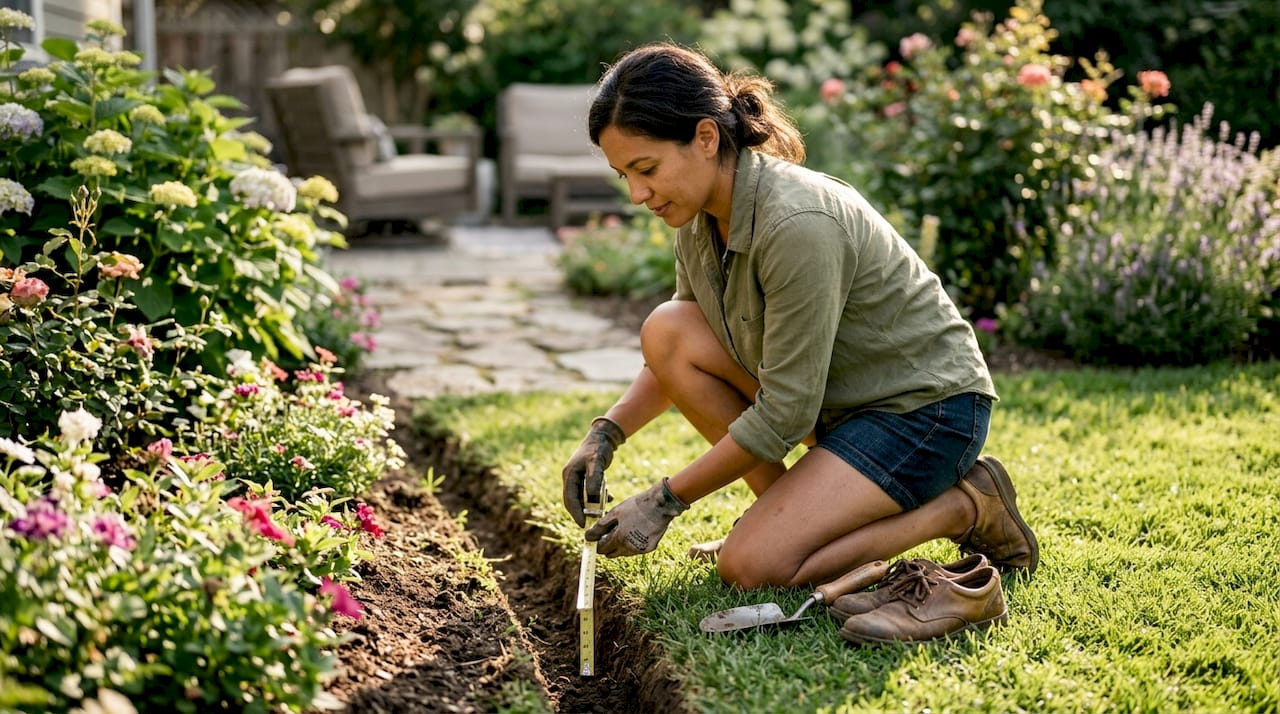 Why Low Voltage Landscape Lighting Is the Smart Choice Woman measuring trench for low voltage lighting installation
