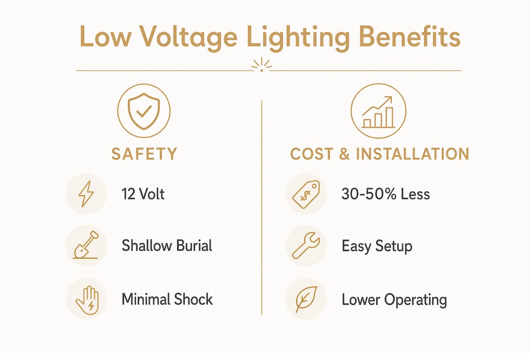 Why Low Voltage Landscape Lighting Is the Smart Choice Infographic comparing safety and cost benefits of low voltage lighting