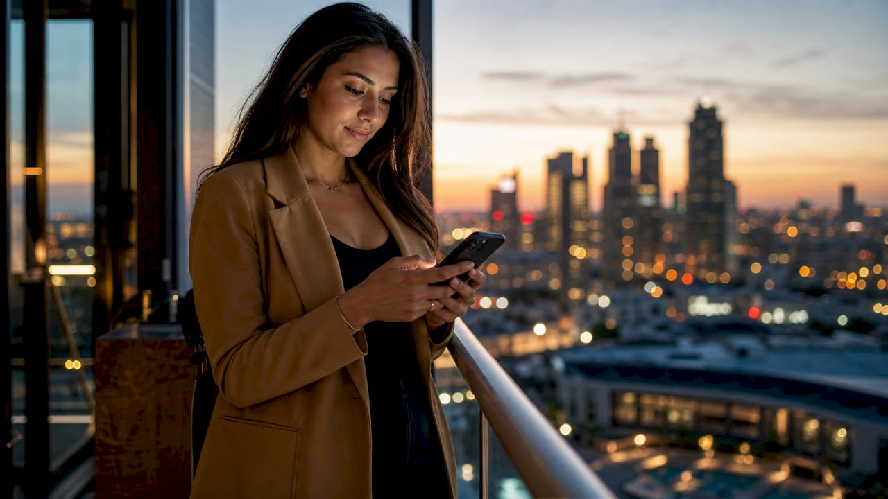 Facility manager using lighting control app on smartphone
